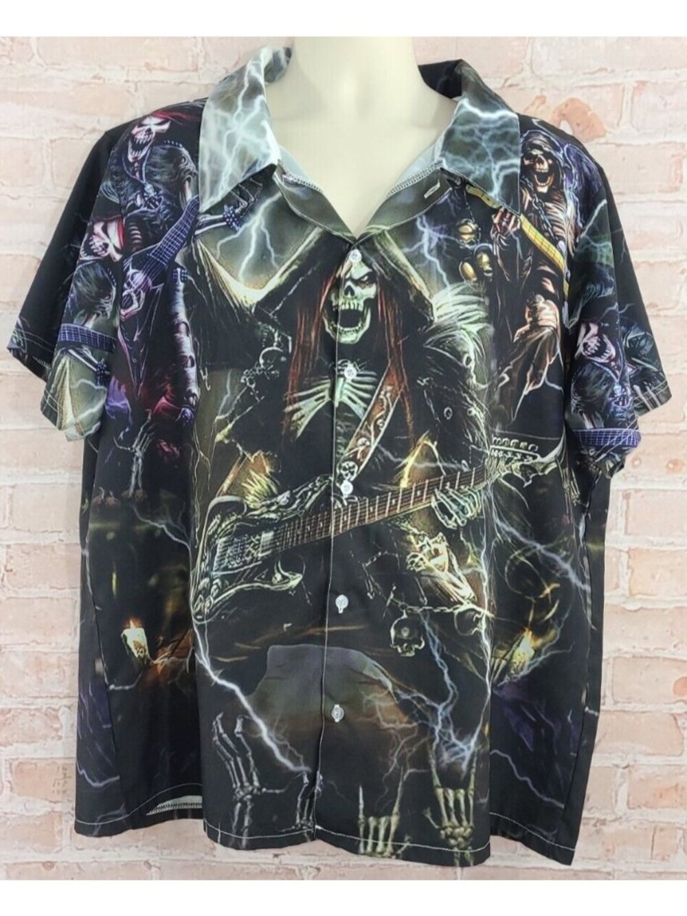 Skeleton Guitar Rockers Short Sleeve Button Up Shirt Festival Concert Men's XL